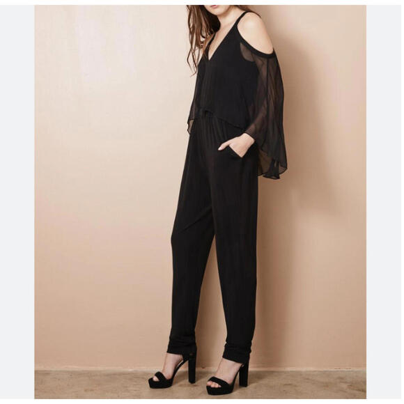 KOBI HALPERIN black drape cold shoulder jumpsuit sz M - Picture 1 of 6
